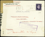 GB n°214 obl Newcastle on Tyne (21.6.1940) sur lettre censurée pour Marseille avec cachet rect violet "No service return to sender" (invasion allemande). TB
