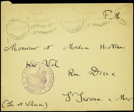 Débâcle : lettre en franchise avec obl mec "Clermont FD Puy de Dome" (24.7.40) + cachet violet "CIA Fontenay le Comte le commandant". TB