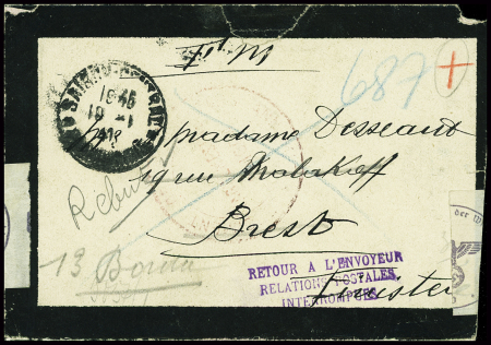 Env de deuil en franchise avec CAD de Saïgon (10.1.41) pour Brest avec censure allemande et griffe violette "Retour à l'envoyeur relations postales interrompues". TB