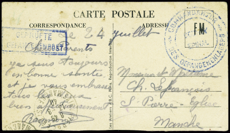 Carte FM d'un prisonnier français (13.8.40) avec cachet bleu "Commandantur des gefangenen Golbey Epinal" + cachet rect bleu "Geprüfte gefangenenpost", cachet provisoire ayant duré très peu de temps