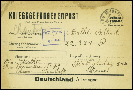Postekarte Kriegsgefangenenpost (nov 1940) avec cachet rect bleu "gepruft 5 stalag 204" de Péronne (Somme). TB