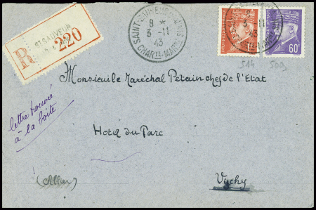 N°509 + 514 onl St Sauveur d'Aunis Charente Mme" (1943) sur lettre recommandée  d'office adressée au maréchal Pétain. TB