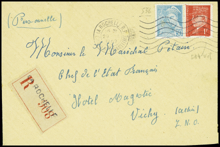 N°514 + 538 obl mec "La Rochelle RP Charente Maritime (24.1.42) sur lettre recommandée  d'office adressée au maréchal Pétain. TB