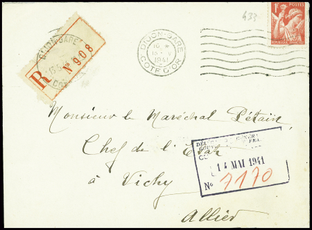 N°433 1F Iris obl mec de Dijon-gare (1941) sur lettre recommandée d'office adressée au maréchal Pétain. TB