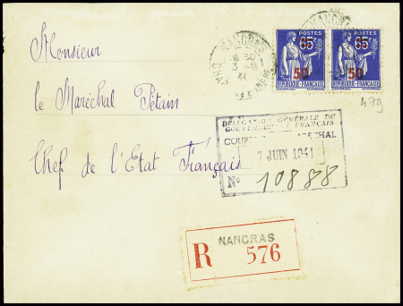N°479 en paire obl Nancras Charente INFre (1941) sur lettre recommandée  d'office adressée au maréchal Pétain. TB