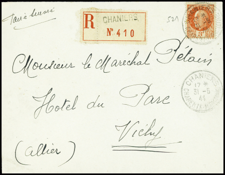 N°521 3F Pétain orange obl Chaniers Charente Maritime (1944) sur lettre recommandée d'office adressée au maréchal Pétain. TB