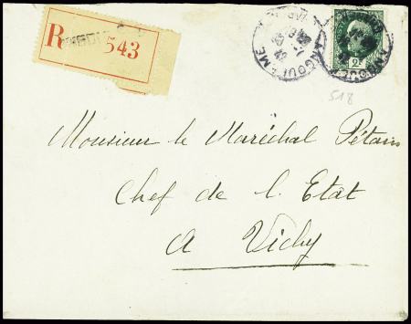 N°518 obl Angoulême Charente (1942) sur lettre recommandée d'office adressée au maréchal Pétain. TB