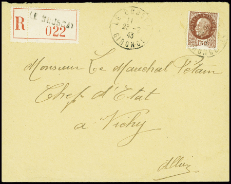 N°517 obl Le Bouscat Gironde (1943) sur lettre recommandée d'office adressée au maréchal Pétain. TB