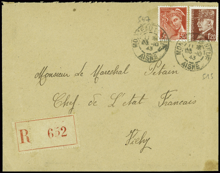 N°517 + 547 obl Monceau le Neuf Aisne (1943) sur lettre recommandée d'office adressée au maréchal Pétain. TB