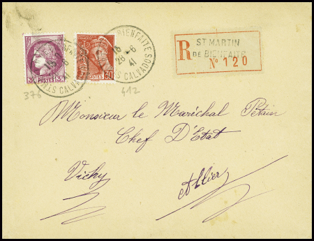 N°376 + 412 OBL St Martin de Bienfaite Aisne (1941) sur lettre recommandée d'office pour le maréchal Pétain. TB