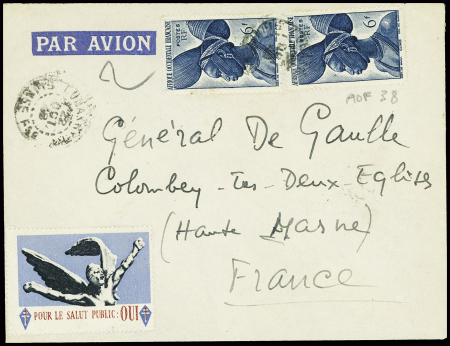 AOF n°38, 2 pièces obl Conakry Guinée Fse (1948) sur lettre adressée au général de Gaulle à Colombey avec vignette "Pour le salut public". TB