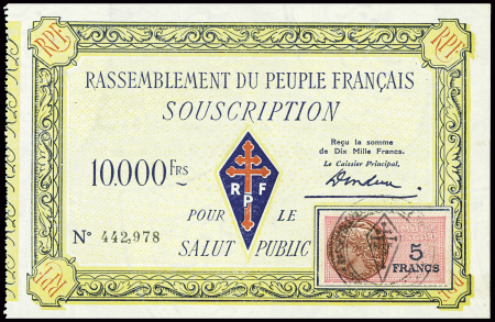 Bulletin de 10 000F de souscription pour le Rassemblement du peuple Français (RPF) avec timbre fiscal à 5F. TB