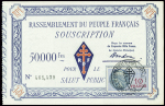 Bulletin de 50 000F de souscription pour le Rassemblement du peuple Français (RPF) avec timbre fiscal à 10F bleu. TB