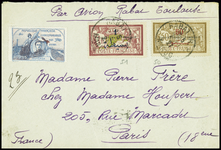 Maroc n°50 + 51 obl Rabat sur lettre par avion pour paris (janv 1921) avec mention manuscrite "Par avion Rabat - Toulouse". TB