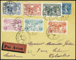 N°140 + série de 6 timbres semi-officiels obl CAD "Rouen-aviation" (23.9.23) sur lettre par avion. TB