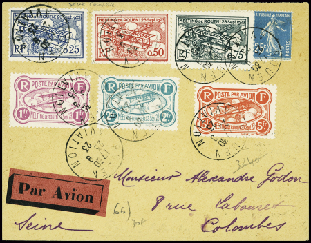 N°140 + série de 6 timbres semi-officiels obl CAD "Rouen-aviation" (23.9.23) sur lettre par avion. TB