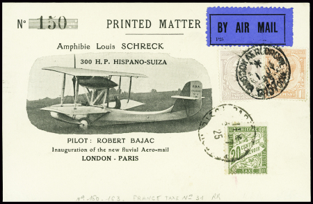 GB n°150+153 obl CAD "Croydon aérodrome" sur carte postale illustrée de l'inauguration du service aéro-fluvial Londres-Paris par Robert Bajac (7.4.24) - Muller n°115 Grande Bretagne). TB