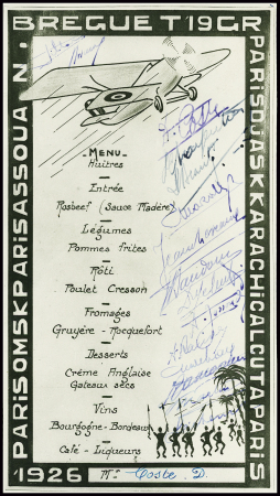 Menu ayant appartenu à Dieudonné Costes "Paris Omsk Paris Assouan Breguet 19 GR Paris Djask Karachi Calcutta Paris" avec nombreuses signatures dont celle de Costes. TB