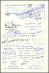 Menu du diner des Amis du Musée de l'Air  du 13 janv 1954 avec nombreuses signatures dont Marcel Jeanjean, Louis Gaubert, Joseph Frantz, Charles Van des Born, Pierre Lecerf, Henri Farman, général Martial Valin, Louis Bré