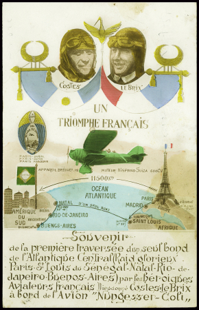 Carte postale colorisée "Un triomphe français" (souvenir de l'arrivée de Buenos Aires de Costes et Le brix lors de leur raid tour du monde (1927). TB