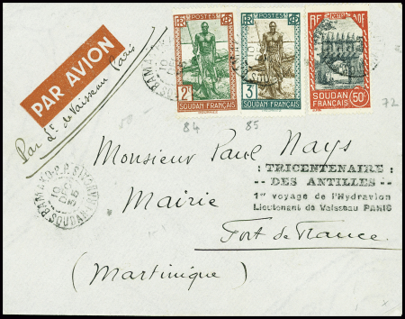 Soudan n°72  84 + 85 obl Bamako RP (10 dec 35) sur lettre pour Fort de France avec griffe noire "Tricentenaire des Antilles 1er voyage de l'hydravion lieutenant de vaisseau Paris". TB