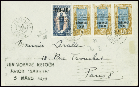 Tchad n°28 + Oubangui n°79 en bande de 3 obl Fort Lamy (4 mars 1935) sur lettre du vol Fort-Lamy Bruxelles avec griffe noire "1er voyage retour avion Sabena 5 mars 1935". TB