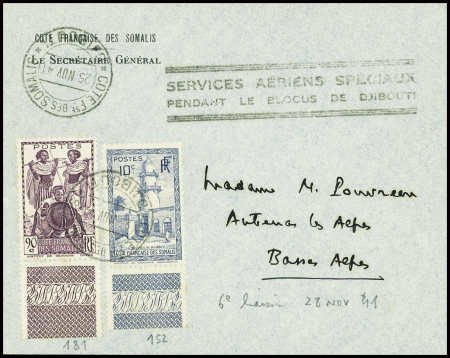 Côte des Somalis n°152 + 181 obl Djibouti (25 nov 41) sur lettre avec griffe "Services aériens spéciaux pendant le blocus de Djibouti". TB