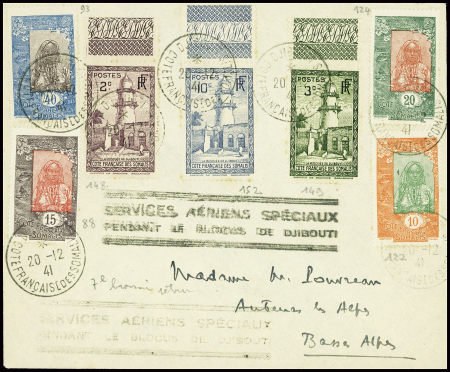 Côte des Somalis n°88 + 93 + 148 + 152 + 149 + 122 + 124 obl Djibouti (20.12.41) sur lettre avec griffe noire "Services aériens spéciaux pendant le blocus de Djibouti" (7e liaison retour). TB