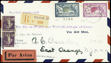 N°123 + 240 + 236 en paire verticale obl Paris sur imprimé recommandé catapulté de l'Ile de France pour les USA (voyage n°2A vers Boston). Tarif rare. TB