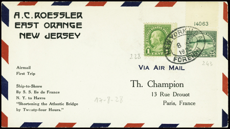 USA n°228 + 243 obl New York sur env spéciale Roessler catapultée de l'Ile de France avec arrivée paris gare du Nord (23.8.1928) (traversée 1R). TRB