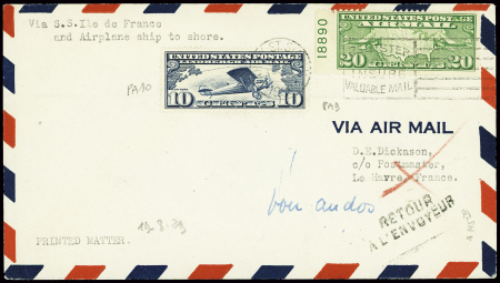 USA PA9 + PA10 sur lettre catapultée de l'Ile de France pour Le Havre avec arrivée "Paris gare du Nord" (27.8.29) (traversée 3R). TB