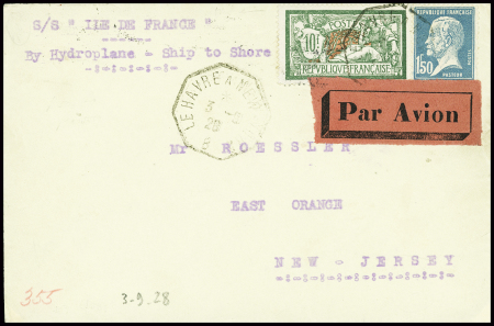 N°181 + 207 obl octo "Le Havre à New York B" (3.9.28) sur lettre avec griffe violette "S/S Ile de France - by hydroplane ship to shore" avec arrivée Boston (traversée 4A). TB