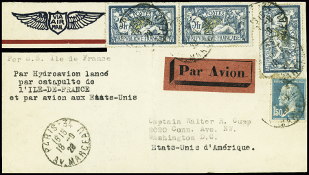N°181 + 1223, 3 pièces, obl Paris 34 av Marceau (18.9.28) sur lettre catapultée de 15 grammes catapultée par l'Ile de France pour Washington avec au verso cachet de l'ambassade des USA à Paris. TB