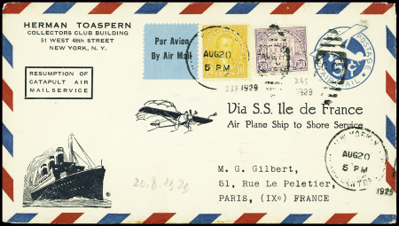 USA n°237 + 245 obl New York (20.8.1929) sur env entier postal "Resumption of catapult air mail service" pour Paris avec arrivée "Paris gare du Nord" (28.8.29) (traversée 3R vers le Havre). TB