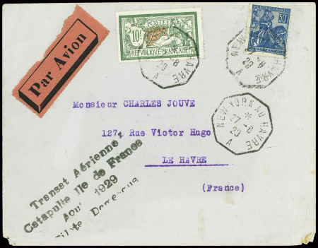 N°257 + 207 obl octo "New York au Havre A" (27.8.29) sur lettre pour le Havre avec griffe noire "Transat Aérienne Catapulte Ile de France Aout 1929 pilote Domergue" (traversée 3R). TB