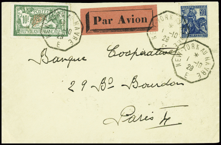 N°207 + 257 obl octo "new York au havre E" (1.10.29) sur lettre avec étiquette saumon "par avion", arrivée Paris 3.10.29 (traversée 5R - pilote Domergue). TB