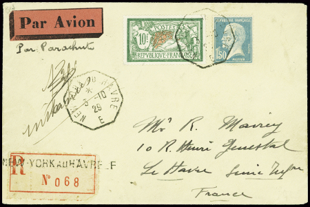 N°181 + 207 obl octo "New York au havre E" (3.10.29) sur lettre recommandée pour Le Havre avec arrivée 5.10.29 (traversée 5R, pilote Domergue). TB