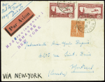 N°199 + PA5, 2 pièces obl Paris 102 (1.7.30) sur lettre pour La Canada via New-York avec griffe violette "hydravion postal Le Havre New York" avec arrivée New York 9.7.1930 (traversée 8A - pilote Domergue). TB
