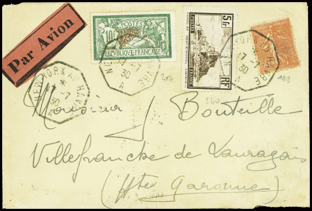 N°199 + 207 + 260 obl octo "New York au Havre A" (17.7.30) sur lettre de 15 grammes (tarif rare). RR et TB