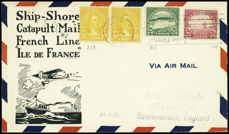 N°237 en paire + 242 + 243 obl Varick sur env illustrée noire "Ship-Shore Catapult mail Ile de France" pour Bournemouth (GB) (voyage 8R vers le Havre). TB