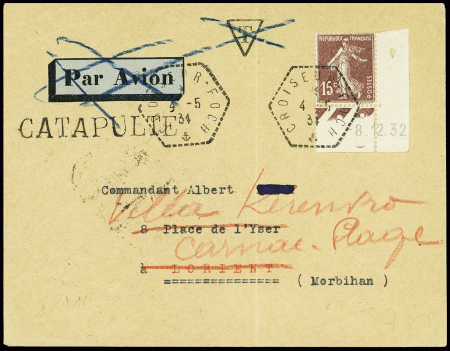 N°189 obl hex "Croiseur Foch" (4.5.34) sur lettre pour Lorient réexpédiée à Carnac-Plage avec griffe noire "catapulté". TB