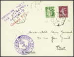 N°190 + 280 obl hex "Croiseur Foch" (4.5.34) sur lettre pour Brest avec griffe violette et rouge "Courrier posté par hydravion catapulté - Croiseur Foch". TB