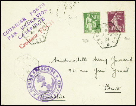 N°190 + 280 obl hex "Croiseur Foch" (4.5.34) sur lettre pour Brest avec griffe violette et rouge "Courrier posté par hydravion catapulté - Croiseur Foch". TB