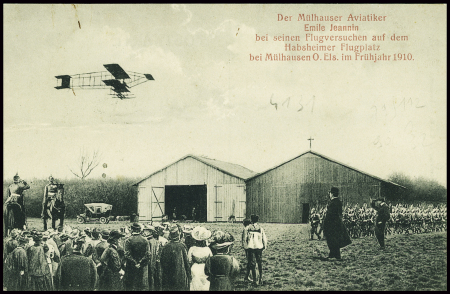 Carte postale allemande : l'avion d'Emile Jeannin survolant le meeting de Mulhouse en 1910. TB