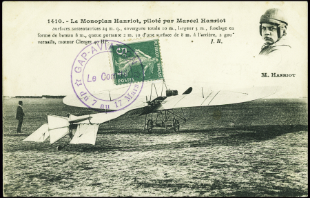 N°137 obl cachet violet "Gap-aviation du 7 au 17 mars 1912 - le Comité "sur carte postale" le monoplan Hanriot piloté par Marcel Hanriot". TB
