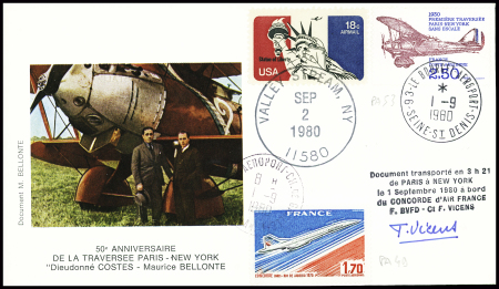 France PA 49 obl aéroport Charles de Gaulle (1.9.80) + PA53 obl Le Bourget Aéroport (1.9.80) sur lettre avec TP USA obl NY (2.9.1980) sur env transportée par le Concorde F. BYFD (commémoration du raid Paris New York par 