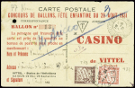 Carte postale expédiée par ballonnet lors du concours de ballons de la fête enfantine du 28 aout 1931 du casino de Vittel (Vosges) obl CAD perlé "Neuvelles la Charité Hte Saône" (7.9.31) avec timbres-taxe n°29 + 33 obl V