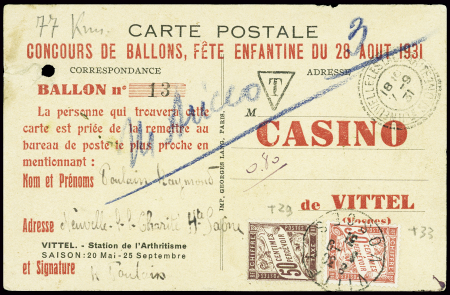 Carte postale expédiée par ballonnet lors du concours de ballons de la fête enfantine du 28 aout 1931 du casino de Vittel (Vosges) obl CAD perlé "Neuvelles la Charité Hte Saône" (7.9.31) avec timbres-taxe n°29 + 33 obl V