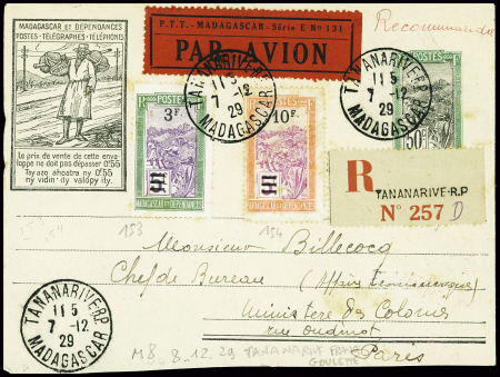 8.12.29 Tananarive - France par Goulette. Env entier postal recommandée (Muller n°8 - Madagascar). TB