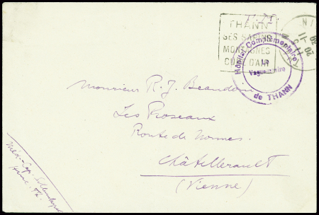 Lettre en franchise de Thann (Haut Rhin)avec cachet violet "Hopital complémentaire de Thann - le vaguemestre" (1939). TB